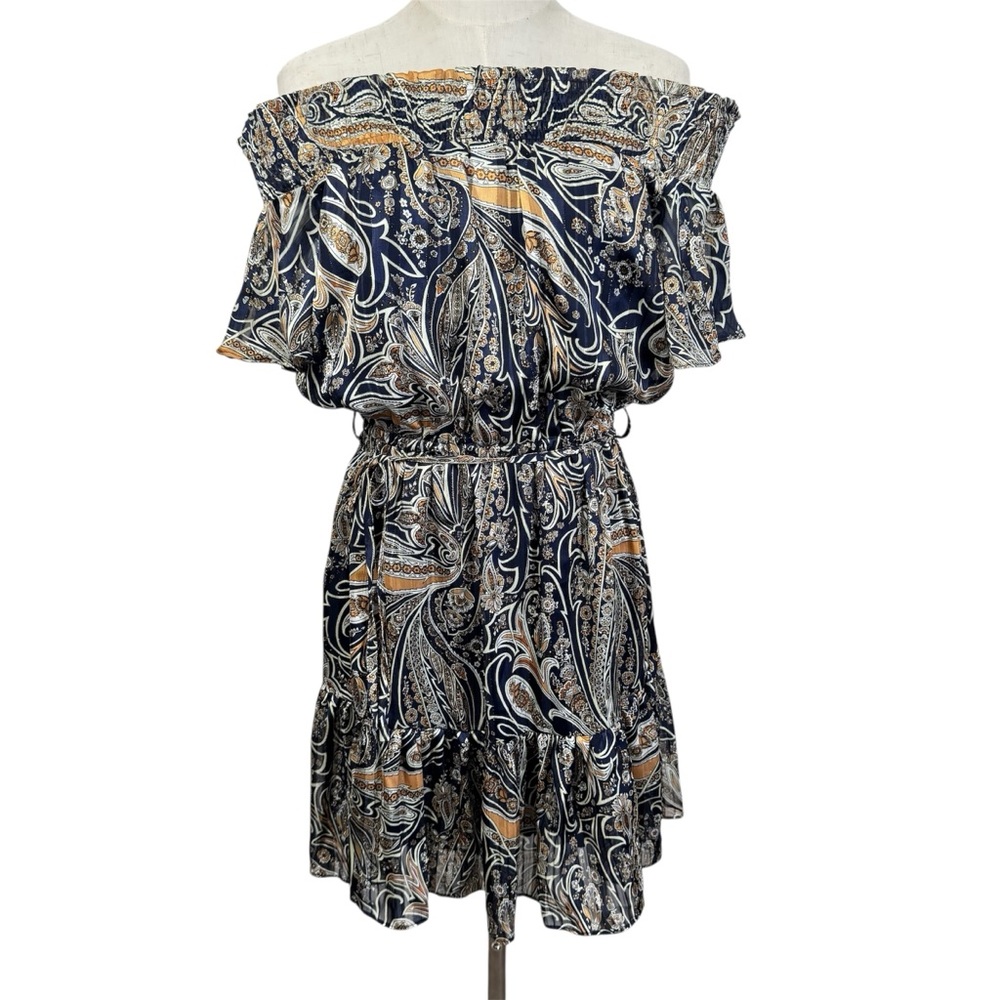 Lulus Navy Paisley Off Shoulder Dress Size L NWT Ruffle Boho Feminine